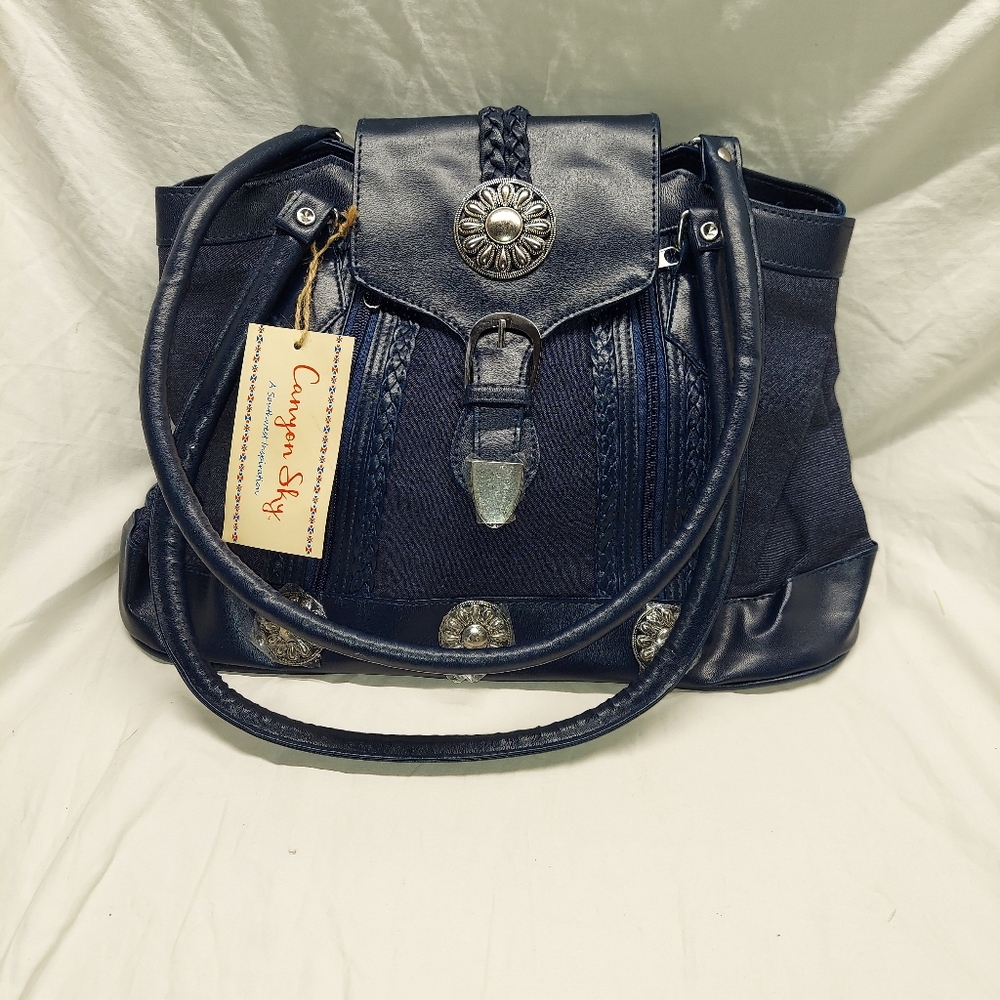 Canyon Sky Southwestern Denim Blue Shoulder Bag with Faux Leather Navy Trim